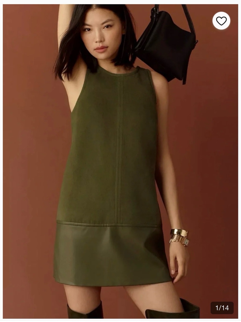 Anthropologie Faux Leather Bottom Olive Green Sleeveless Shift Dress